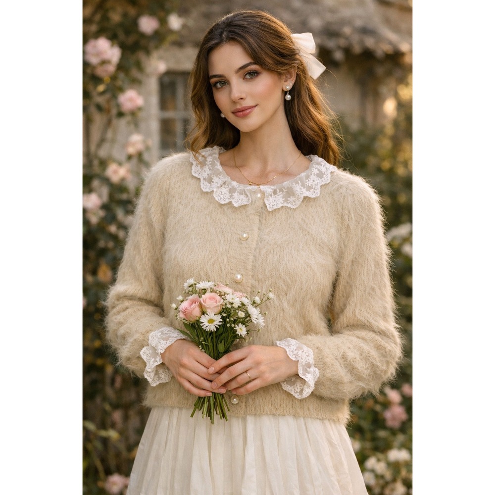 Fuzzy Knit Lace Trim‎ Pearl Button Cardigan Beige Cottagecore Coquette Sz S